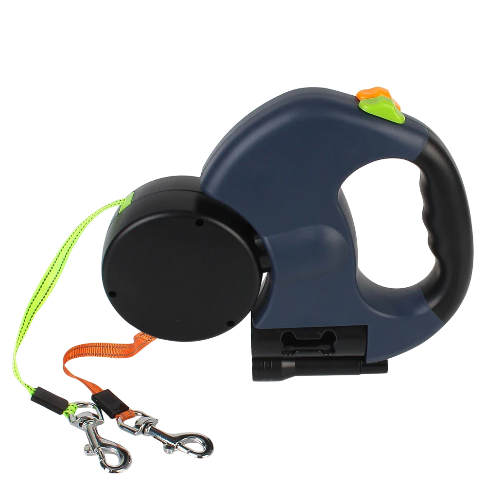 3M Auto Retractable Dual Dog Leash for Two Dogs | Includes Flashlight & Waste Bag Holder