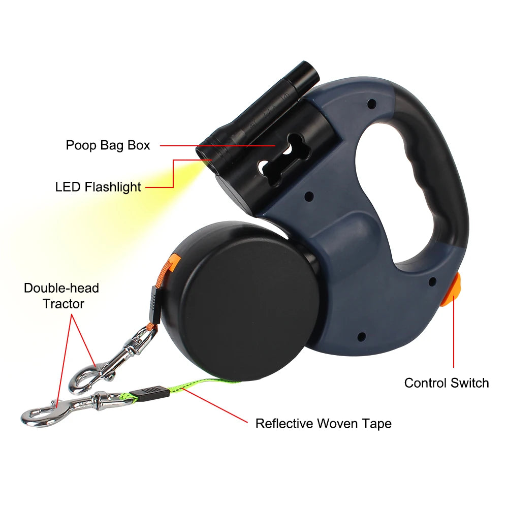 3M Auto Retractable Dual Dog Leash for Two Dogs | Includes Flashlight & Waste Bag Holder
