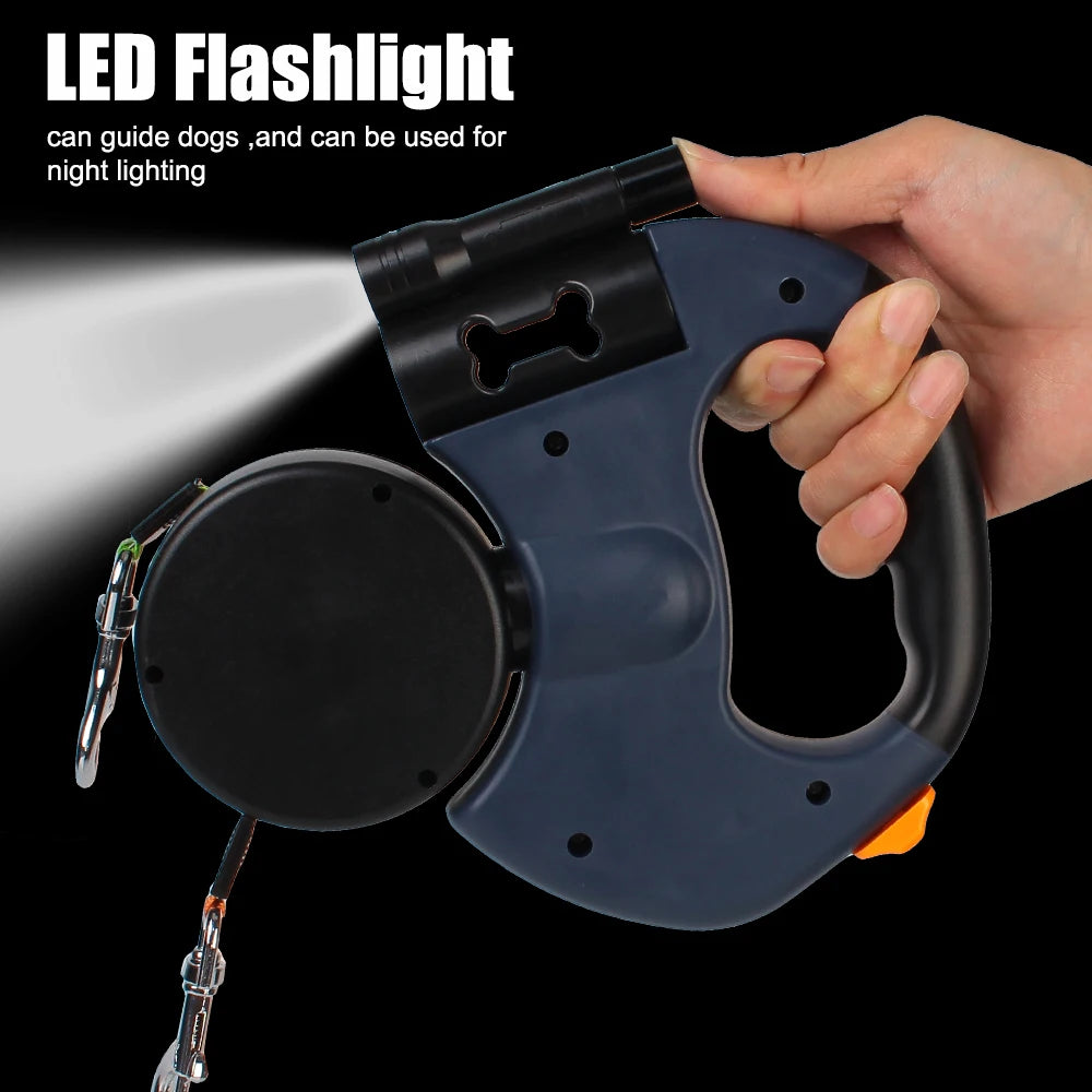 3M Auto Retractable Dual Dog Leash for Two Dogs | Includes Flashlight & Waste Bag Holder