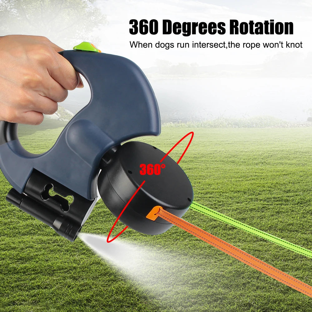3M Auto Retractable Dual Dog Leash for Two Dogs | Includes Flashlight & Waste Bag Holder