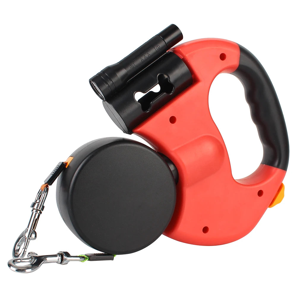 3M Auto Retractable Dual Dog Leash for Two Dogs | Includes Flashlight & Waste Bag Holder