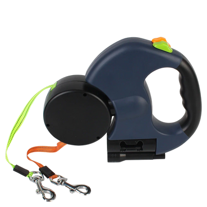 3M Auto Retractable Dual Dog Leash for Two Dogs | Includes Flashlight & Waste Bag Holder